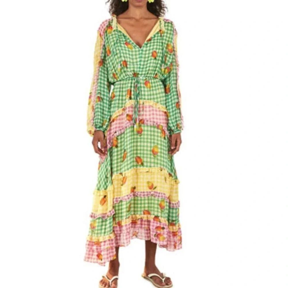 Farm Rio Mixed Picnic Ruffle Trim Maxi Dress Size Medium New With Tags - Picture 4 of 6